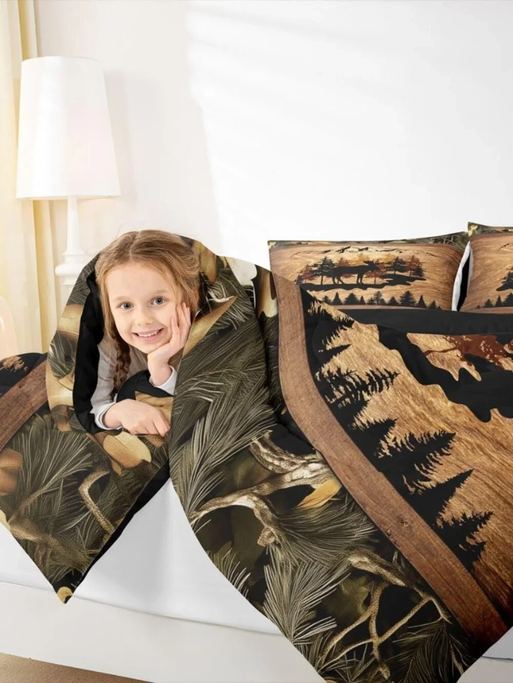Jungle Cabin Comforter Set,Moose Animal Pine Trees Bedding Sets for Kids Teens A